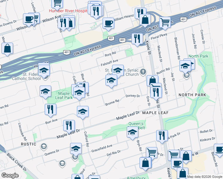 map of restaurants, bars, coffee shops, grocery stores, and more near 404 Rustic Road in Toronto