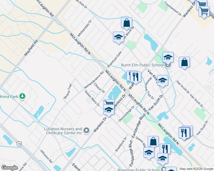 map of restaurants, bars, coffee shops, grocery stores, and more near 103 Baffin Crescent in Brampton