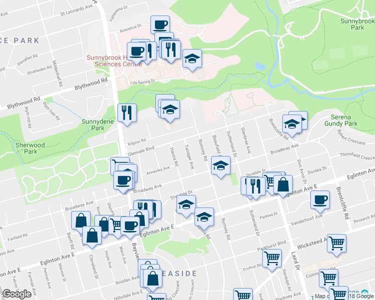 map of restaurants, bars, coffee shops, grocery stores, and more near 24 Tanager Avenue in Toronto