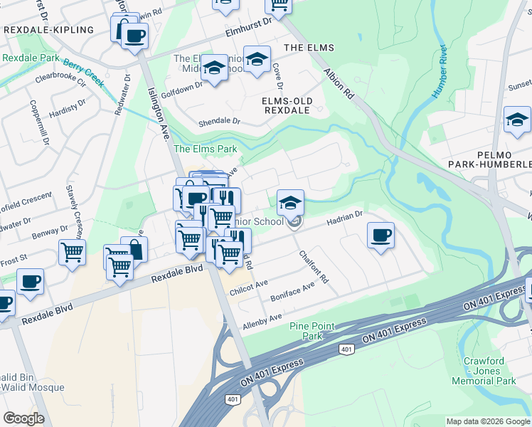 map of restaurants, bars, coffee shops, grocery stores, and more near in Toronto