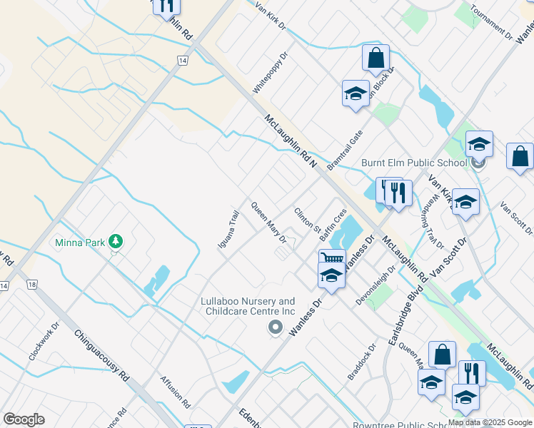 map of restaurants, bars, coffee shops, grocery stores, and more near 457 Queen Mary Drive in Brampton