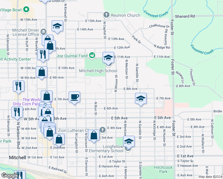 map of restaurants, bars, coffee shops, grocery stores, and more near 721 North Winsor Street in Mitchell