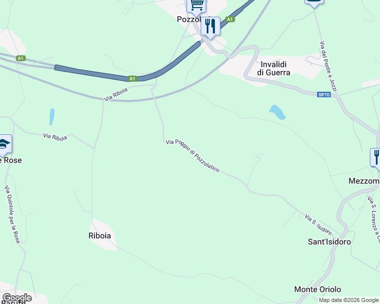 map of restaurants, bars, coffee shops, grocery stores, and more near 15 Via Poggio di Pozzolatico in Città Metropolitana di Firenze