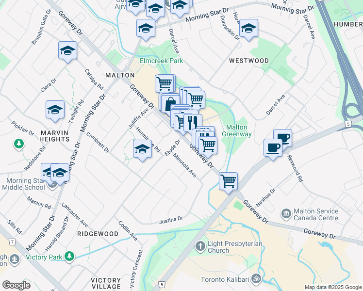 map of restaurants, bars, coffee shops, grocery stores, and more near 7170 Goreway Drive in Mississauga