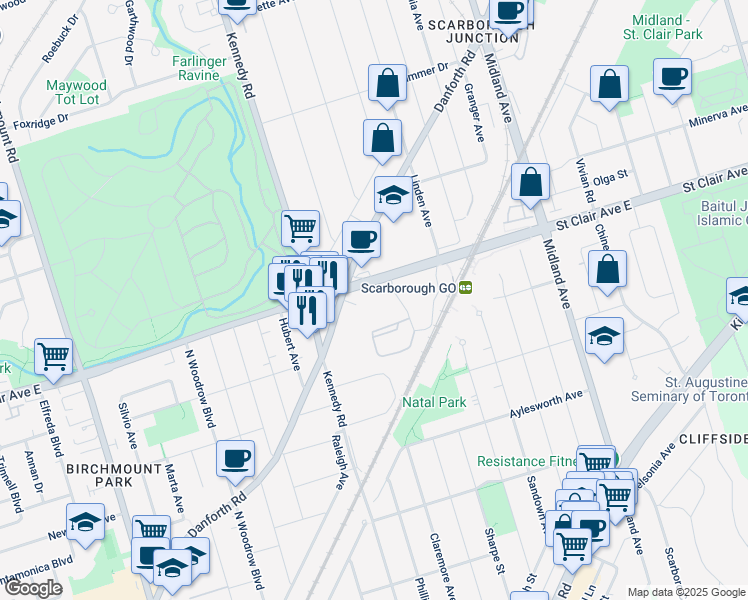 map of restaurants, bars, coffee shops, grocery stores, and more near 3585 Saint Clair Avenue East in Toronto