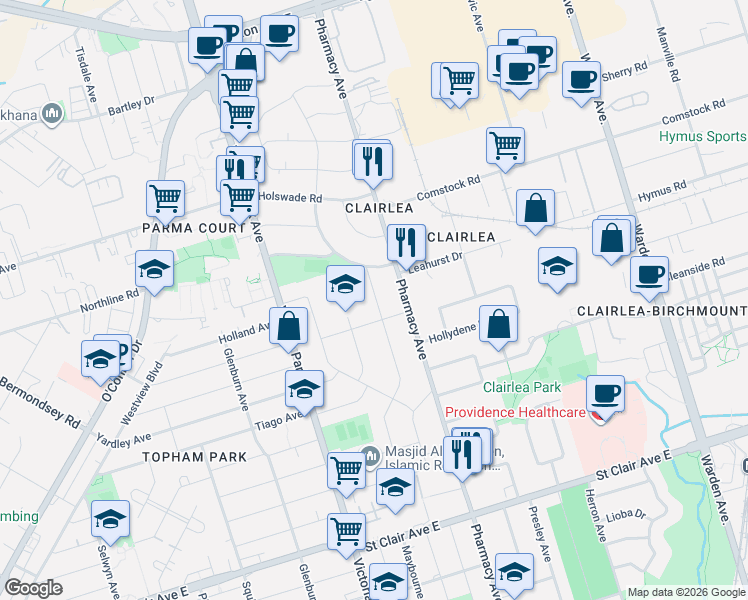 map of restaurants, bars, coffee shops, grocery stores, and more near 50 Karnwood Drive in Toronto