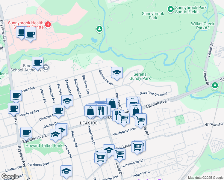 map of restaurants, bars, coffee shops, grocery stores, and more near 609 Broadway Avenue in Toronto