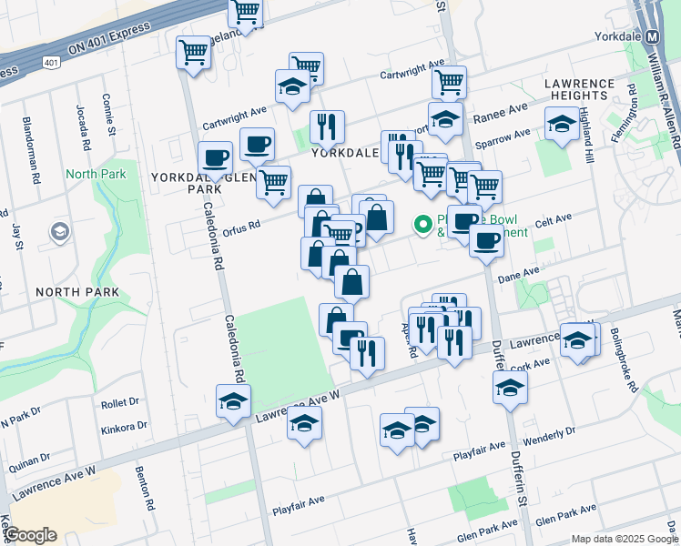 map of restaurants, bars, coffee shops, grocery stores, and more near 65 Dufflaw Road in Toronto
