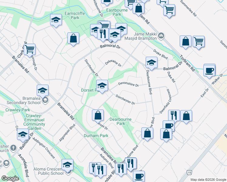 map of restaurants, bars, coffee shops, grocery stores, and more near 53 Dorchester Drive in Brampton
