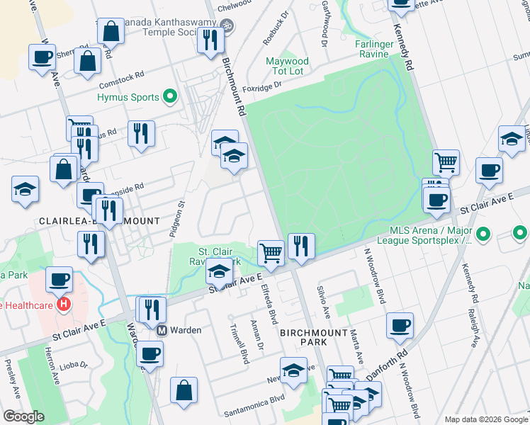 map of restaurants, bars, coffee shops, grocery stores, and more near 620 Birchmount Road in Toronto