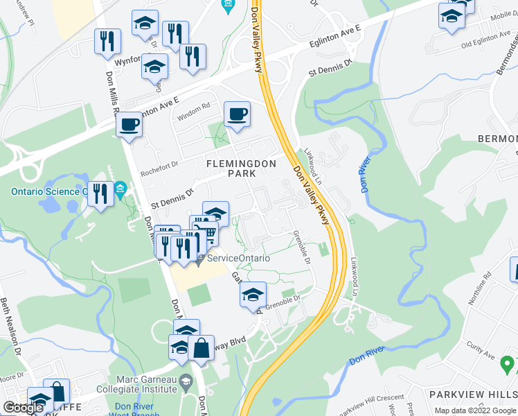 map of restaurants, bars, coffee shops, grocery stores, and more near 1 Deauville Lane in Toronto