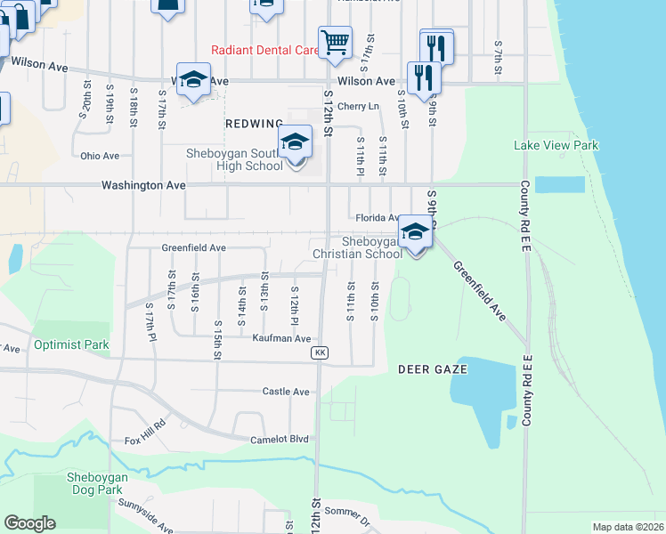 map of restaurants, bars, coffee shops, grocery stores, and more near 3715 South 12th Street in Sheboygan
