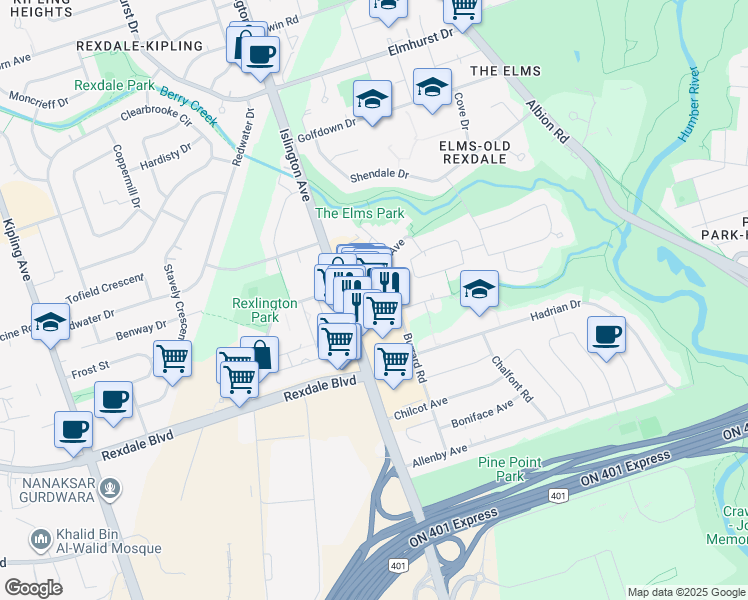 map of restaurants, bars, coffee shops, grocery stores, and more near 2267 Islington Avenue in Toronto