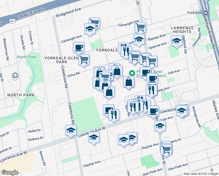 map of restaurants, bars, coffee shops, grocery stores, and more near 65 Dufflaw Road in Toronto