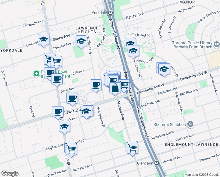 map of restaurants, bars, coffee shops, grocery stores, and more near 700 Lawrence Avenue West in Toronto