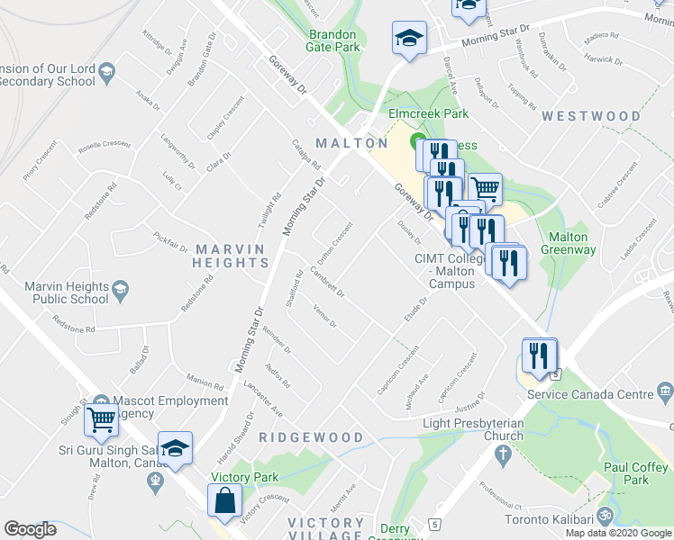 map of restaurants, bars, coffee shops, grocery stores, and more near 3323 Jolliffe Avenue in Mississauga