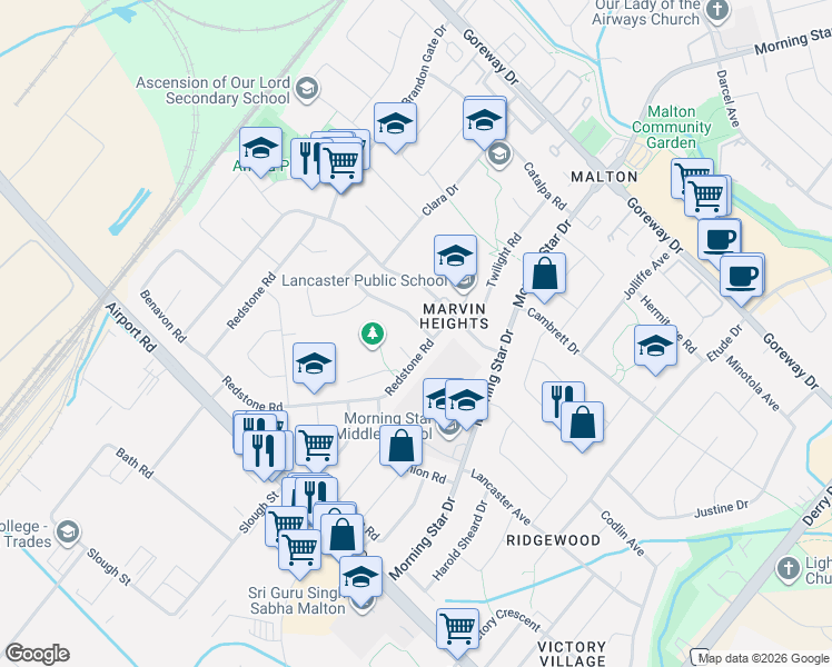map of restaurants, bars, coffee shops, grocery stores, and more near in Mississauga