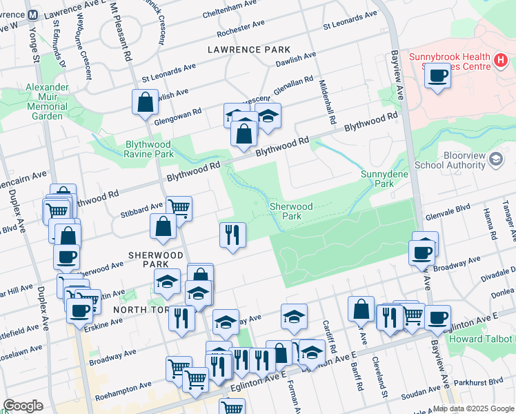 map of restaurants, bars, coffee shops, grocery stores, and more near 190 Sherwood Avenue in Toronto