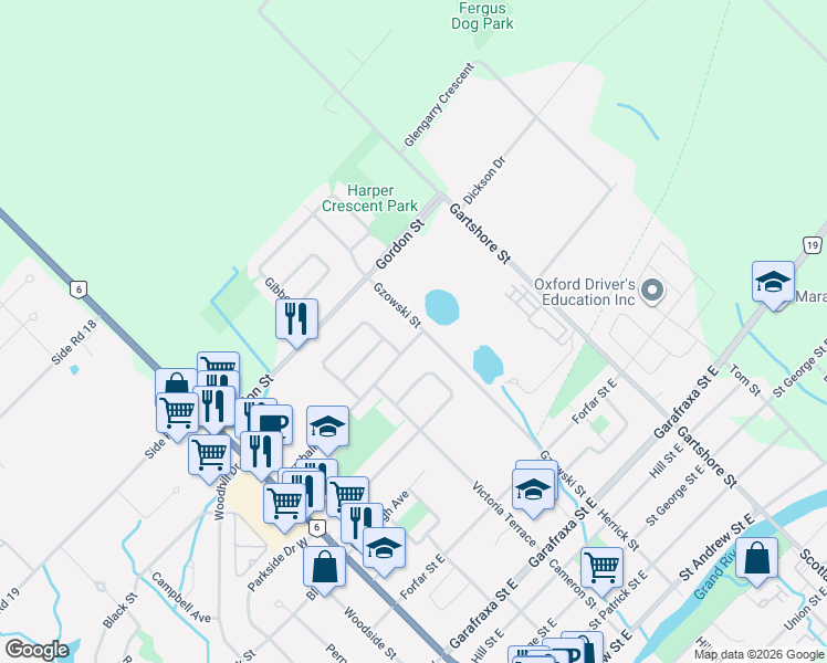 map of restaurants, bars, coffee shops, grocery stores, and more near 395 Strathallan Street in Centre Wellington