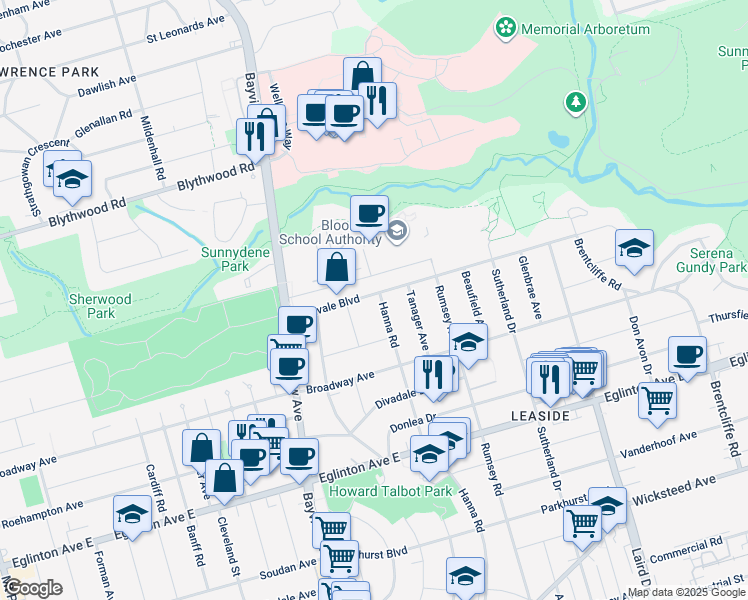 map of restaurants, bars, coffee shops, grocery stores, and more near 53 Glenvale Boulevard in Toronto