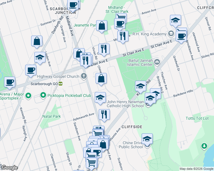 map of restaurants, bars, coffee shops, grocery stores, and more near 253 Chine Drive in Toronto
