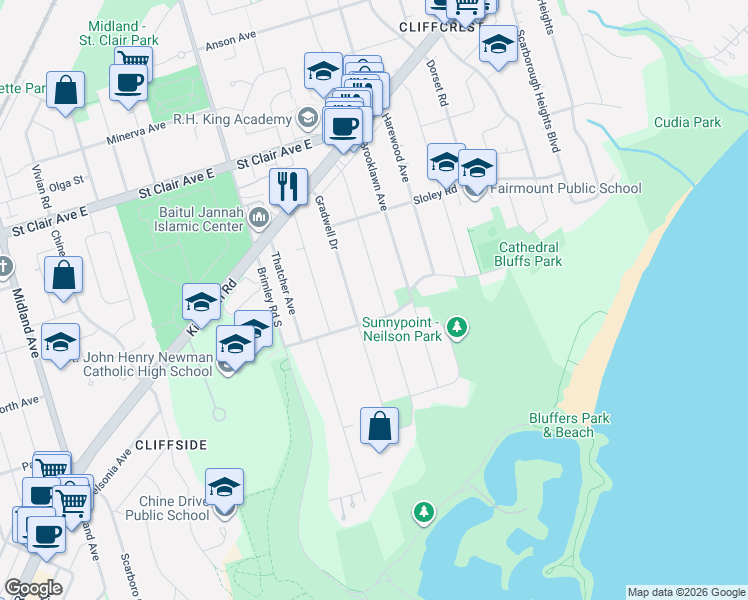 map of restaurants, bars, coffee shops, grocery stores, and more near 68 Eastville Avenue in Toronto