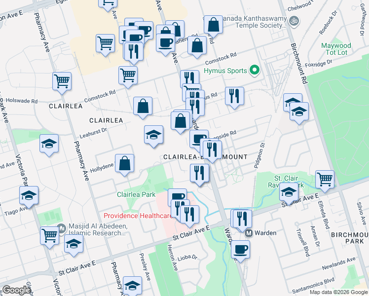 map of restaurants, bars, coffee shops, grocery stores, and more near 60 Fairfax Crescent in Toronto