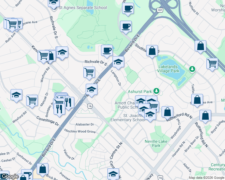 map of restaurants, bars, coffee shops, grocery stores, and more near 45 Pluto Drive in Brampton