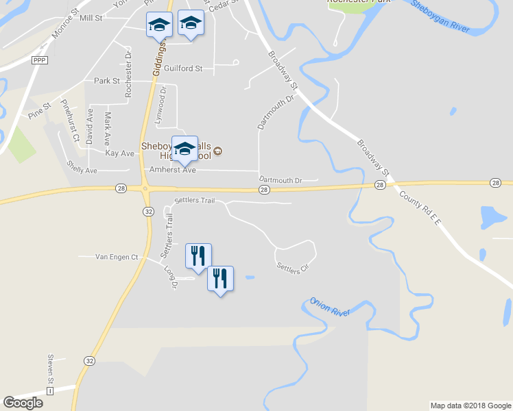 map of restaurants, bars, coffee shops, grocery stores, and more near 255 Fairway Meadows Lane in Sheboygan Falls