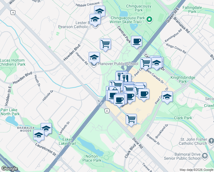 map of restaurants, bars, coffee shops, grocery stores, and more near 44 Peel Centre Drive in Brampton