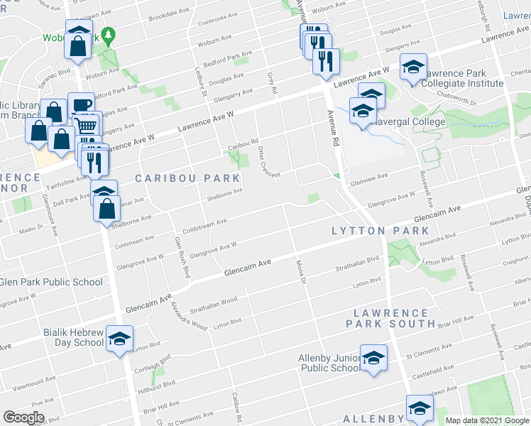map of restaurants, bars, coffee shops, grocery stores, and more near 140 Coldstream Avenue in Toronto