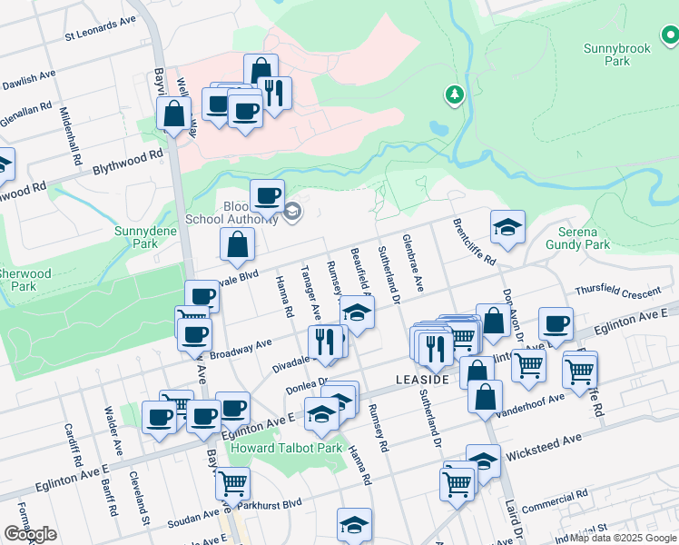 map of restaurants, bars, coffee shops, grocery stores, and more near 331 Rumsey Road in Toronto