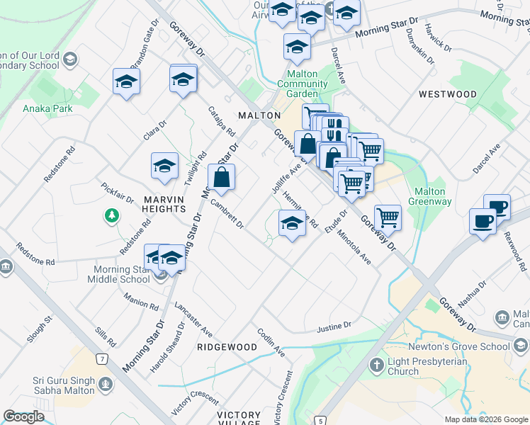 map of restaurants, bars, coffee shops, grocery stores, and more near 3342 Jolliffe Avenue in Mississauga