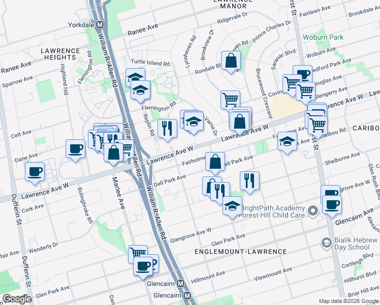 map of restaurants, bars, coffee shops, grocery stores, and more near 621 Lawrence Avenue West in Toronto