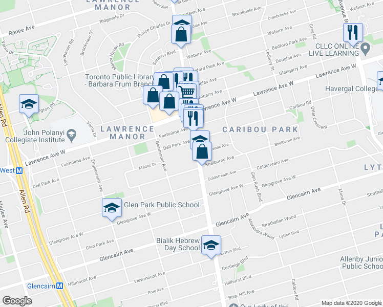 map of restaurants, bars, coffee shops, grocery stores, and more near 3008-3012 Bathurst Street in Toronto
