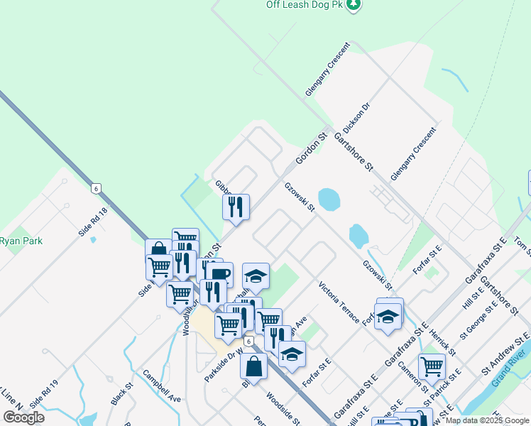 map of restaurants, bars, coffee shops, grocery stores, and more near 355 Gordon Street in Fergus