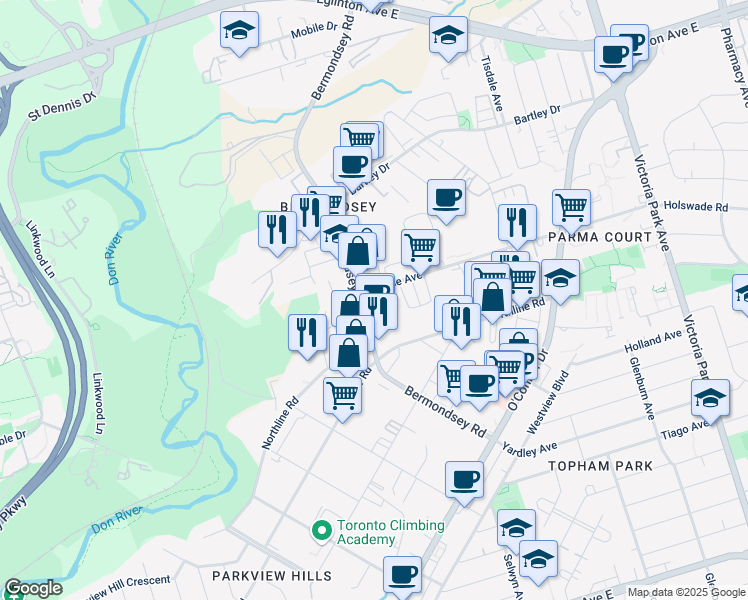 map of restaurants, bars, coffee shops, grocery stores, and more near 32 Bermondsey Road in Toronto