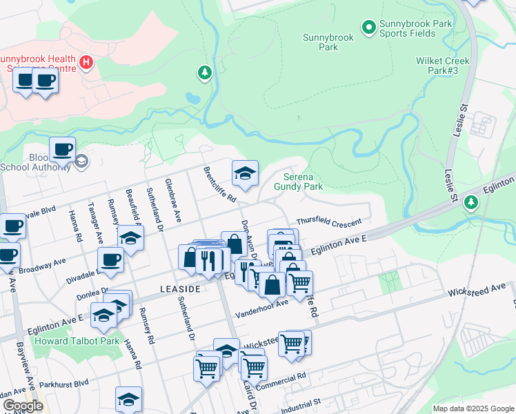 map of restaurants, bars, coffee shops, grocery stores, and more near 86 Broadway Avenue in Toronto