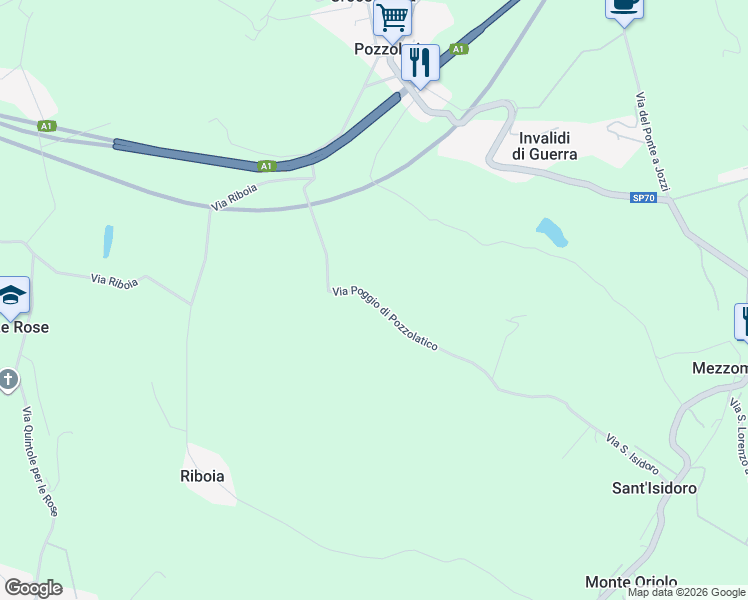 map of restaurants, bars, coffee shops, grocery stores, and more near 15 Via Poggio di Pozzolatico in Città Metropolitana di Firenze