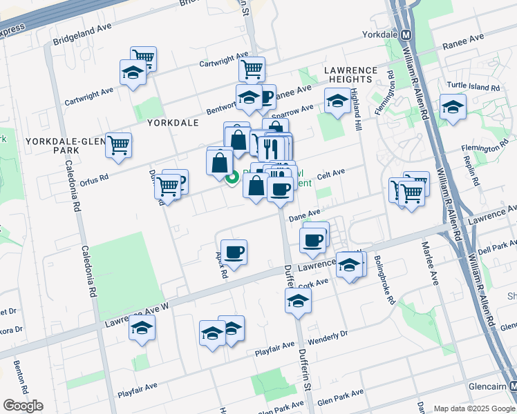 map of restaurants, bars, coffee shops, grocery stores, and more near 3140 Dufferin Street in Toronto