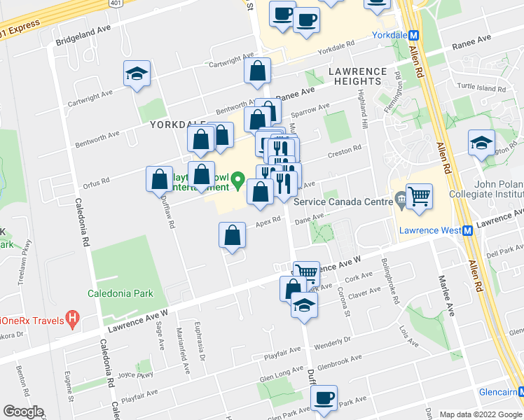 map of restaurants, bars, coffee shops, grocery stores, and more near 3140 Dufferin Street in Toronto
