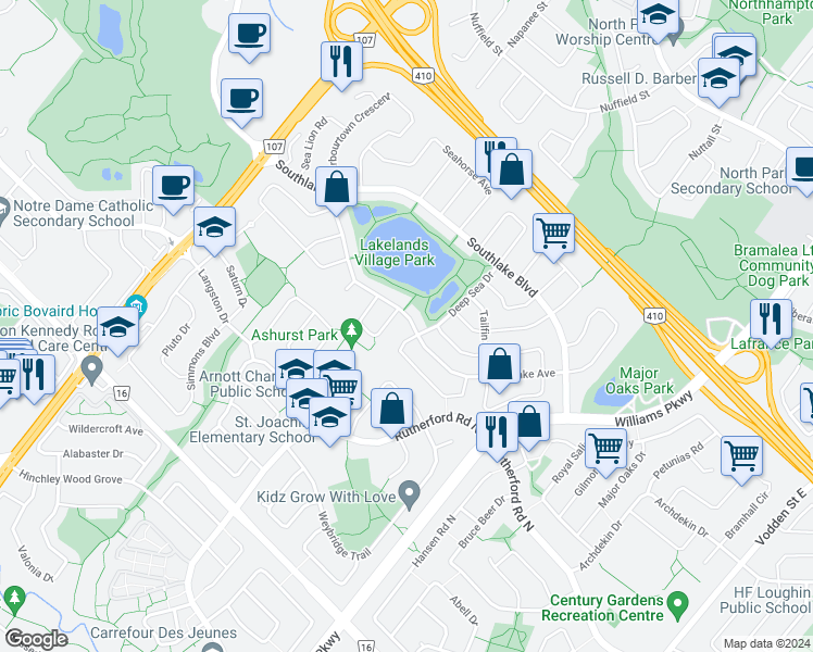 map of restaurants, bars, coffee shops, grocery stores, and more near 36 Stoneylake Avenue in Brampton