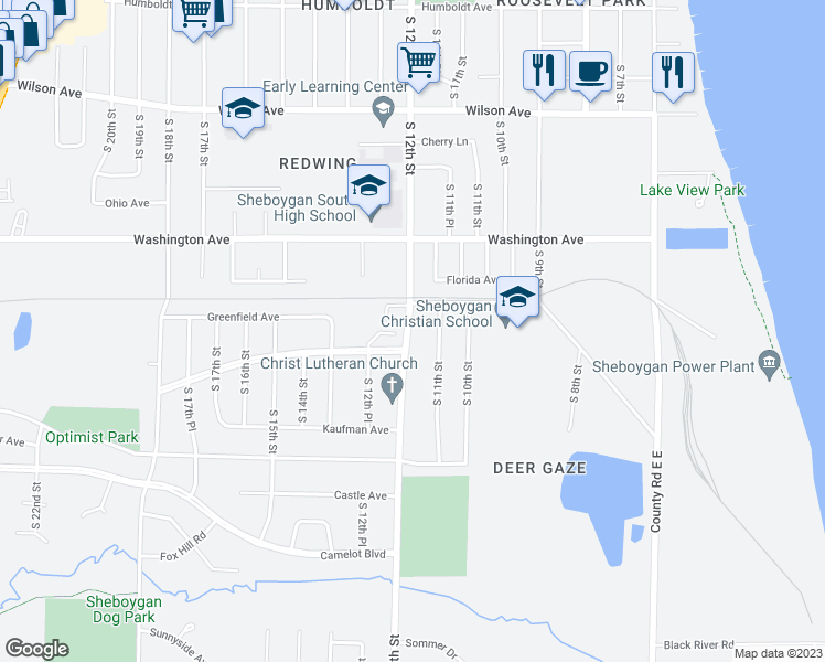 map of restaurants, bars, coffee shops, grocery stores, and more near 3627 South 12th Street in Sheboygan