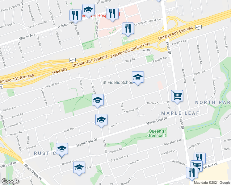map of restaurants, bars, coffee shops, grocery stores, and more near 81 Grovedale Avenue in Toronto