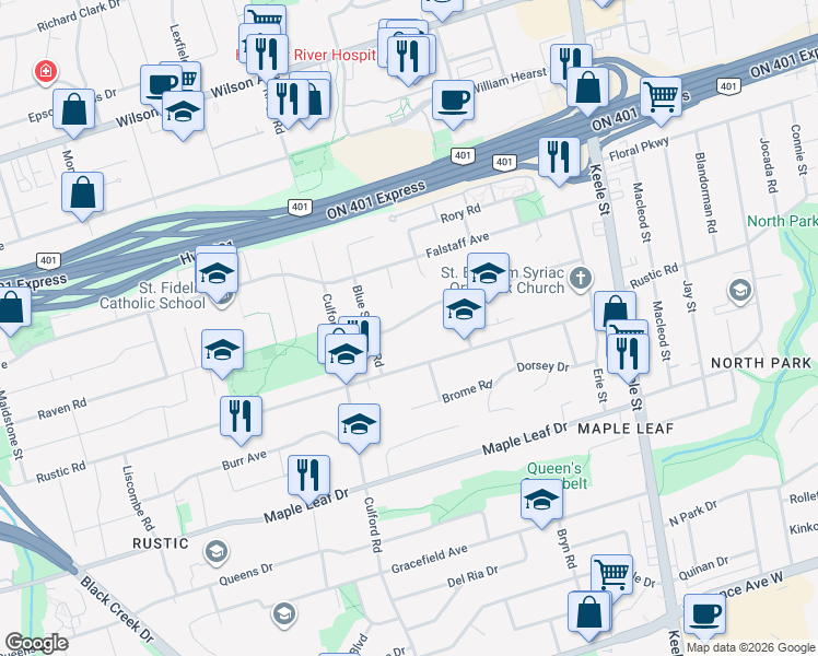 map of restaurants, bars, coffee shops, grocery stores, and more near 81 Grovedale Avenue in Toronto