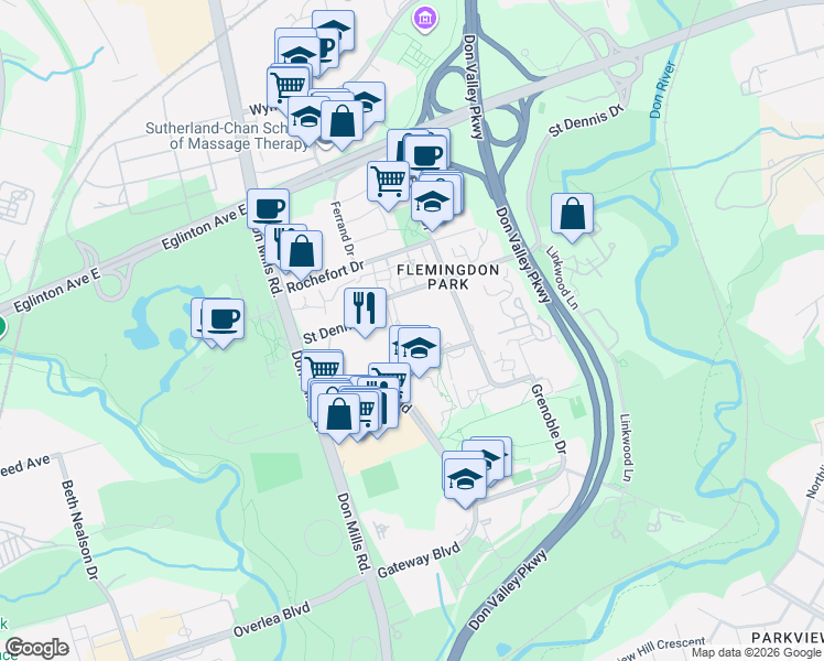 map of restaurants, bars, coffee shops, grocery stores, and more near 25 Saint Dennis Drive in Toronto