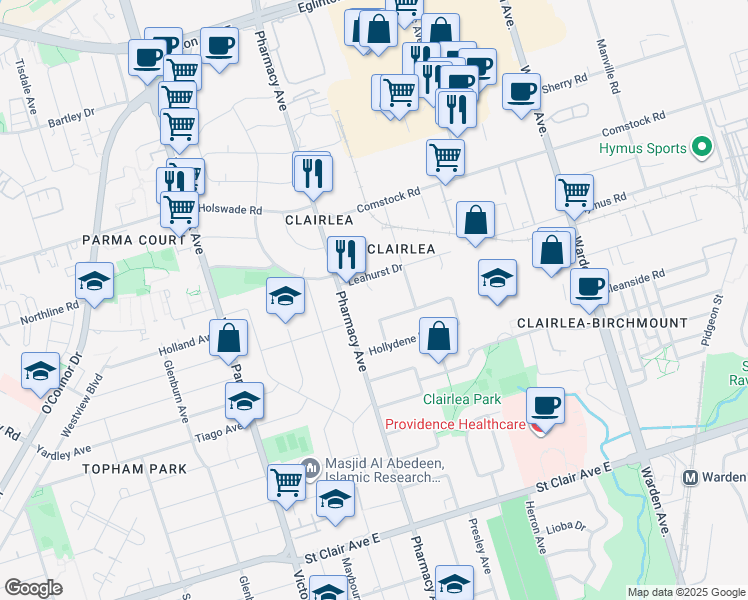 map of restaurants, bars, coffee shops, grocery stores, and more near in Toronto