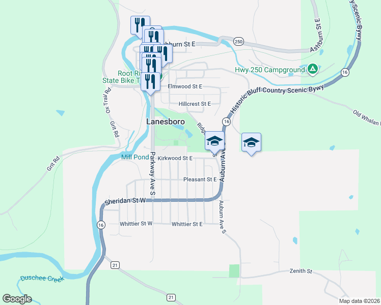 map of restaurants, bars, coffee shops, grocery stores, and more near 208 Kirkwood Street West in Lanesboro