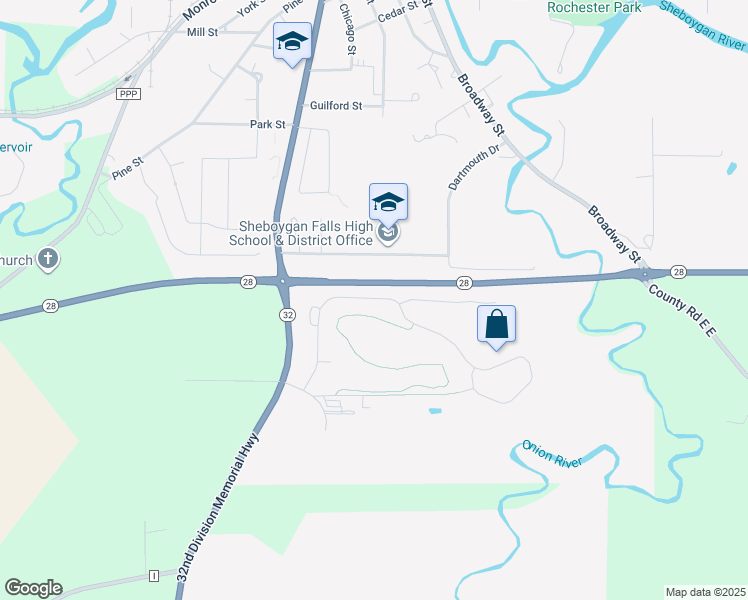 map of restaurants, bars, coffee shops, grocery stores, and more near 173 Settlers Trail in Sheboygan Falls