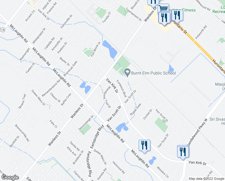 map of restaurants, bars, coffee shops, grocery stores, and more near 50 Bramoak Crescent in Brampton